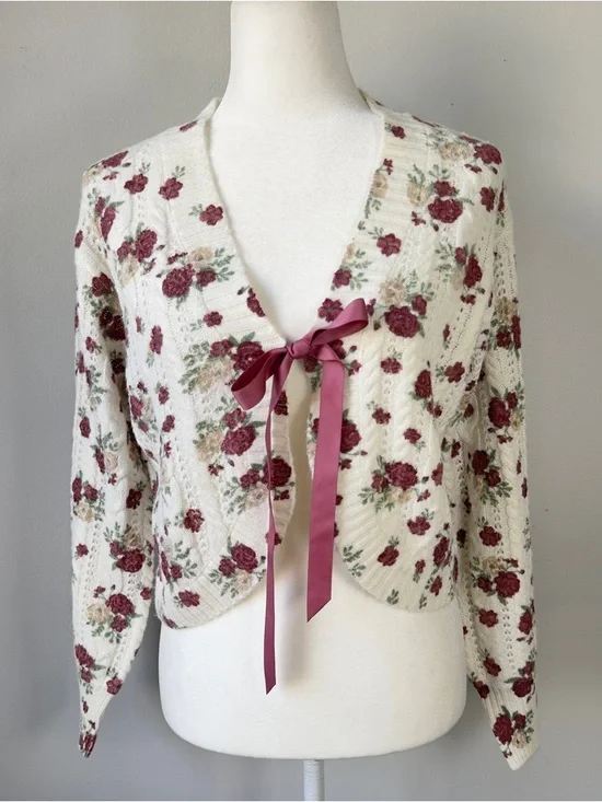 Francesca's Floral Ribbon Tie Cardigan Small Ivory Mauve Cottagecore NWT - Picture 4 of 15